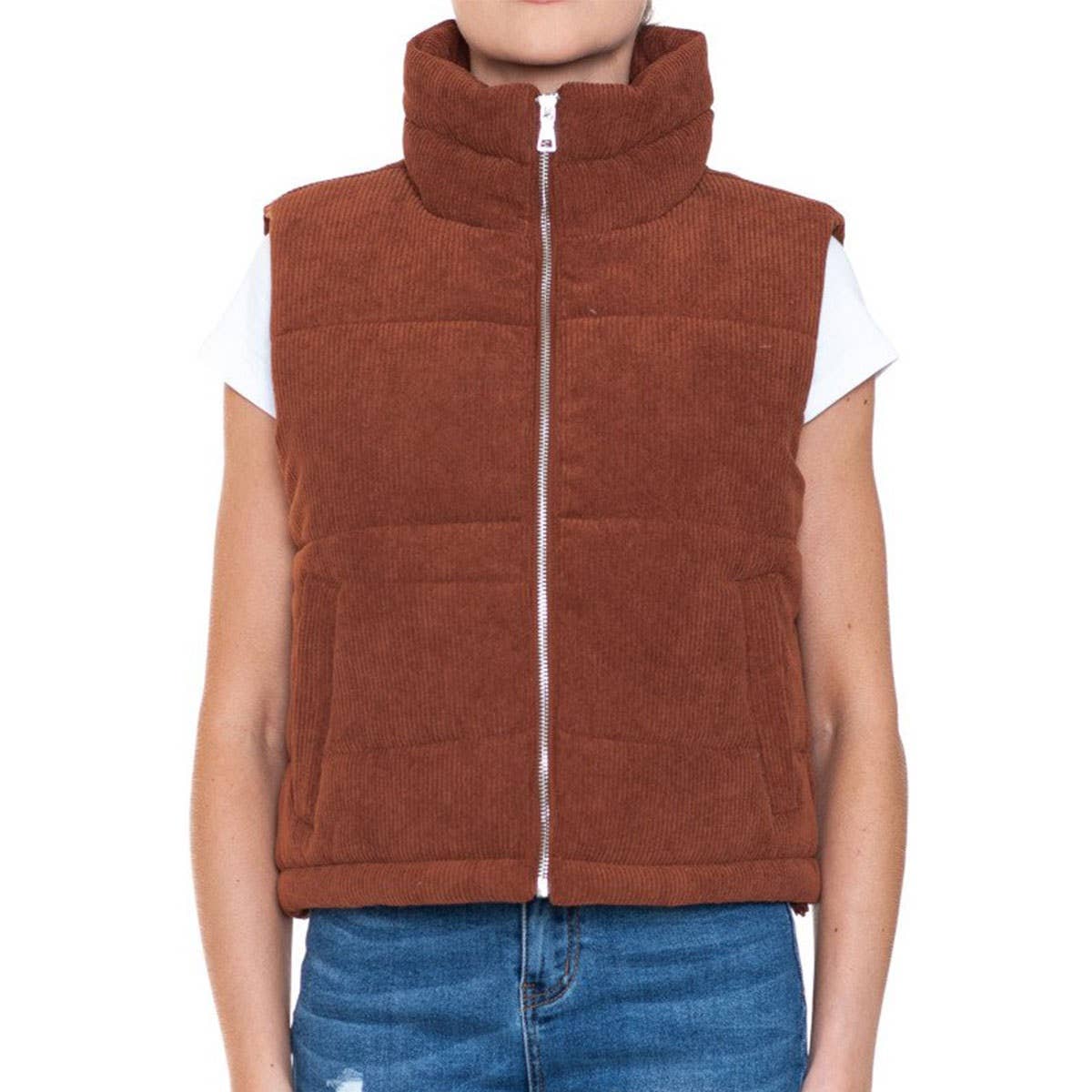 UP CLOTHING - Vente Veste sans manches – femme - GILET D'EXTÉRIEUR ZIPPÉ À COL HAUT EN VELOURS CÔTELÉ4