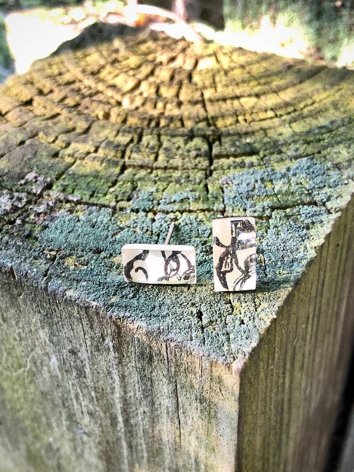 Studs - tiny rectangle, vintage b&w botanical details for wholesale by joeyfivecents