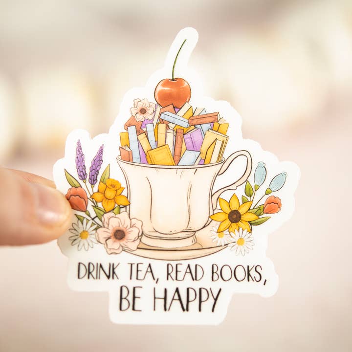 Savannah and James Co - Wholesale Sticker - Drink Tea, Read Books, Be Happy, Vinyl Sticker, 3x3 in.