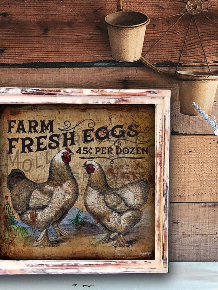 Farm Fresh Eggs - Obra de arte con marco cuadrado para venta al por mayor de TroubleMaker Trading Company