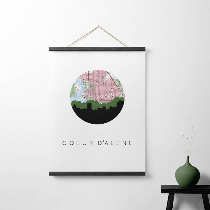Coeur d'Alene Idaho skyline och karta konsttryck för wholesale av Paperfinch Design