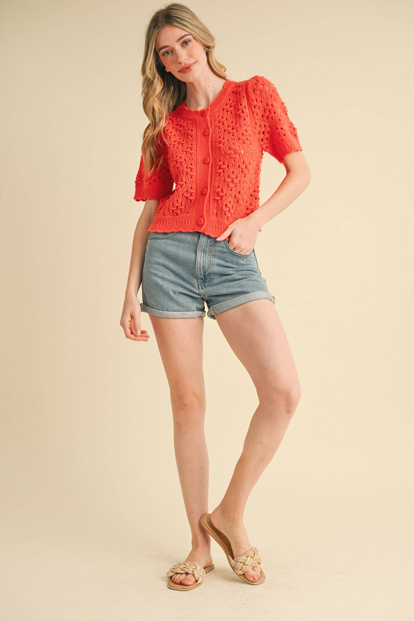 &MERCI - Wholesale Cardigan - Women's - CROPPED POINTELLE BUTTON DOWN SWEATER CARDIGAN MSW1085713