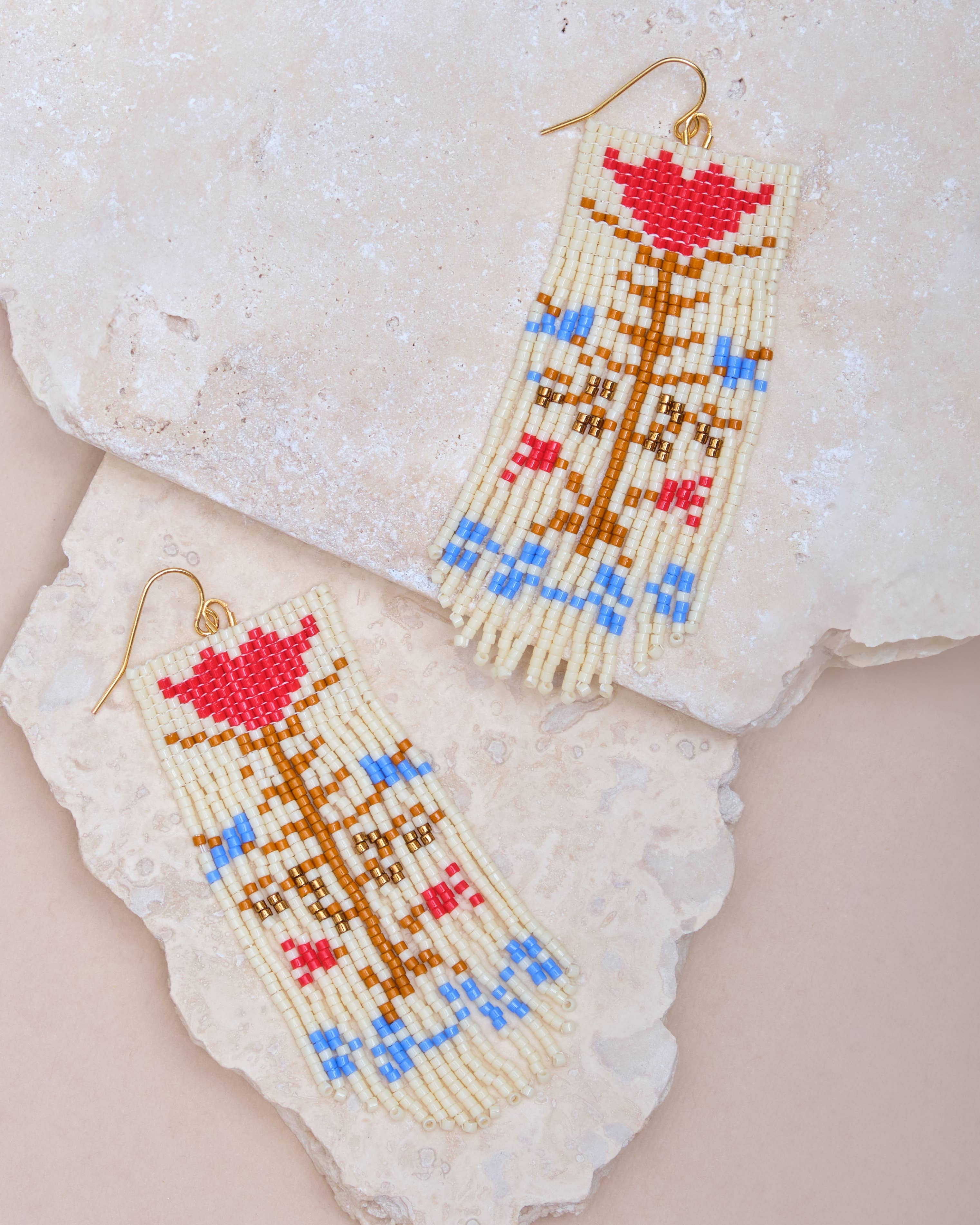 Mayana Designs Co - Wholesale Dangle Earrings - Beaded Handwoven Vintage Flower Fringe Earrings (Cream/Red)1