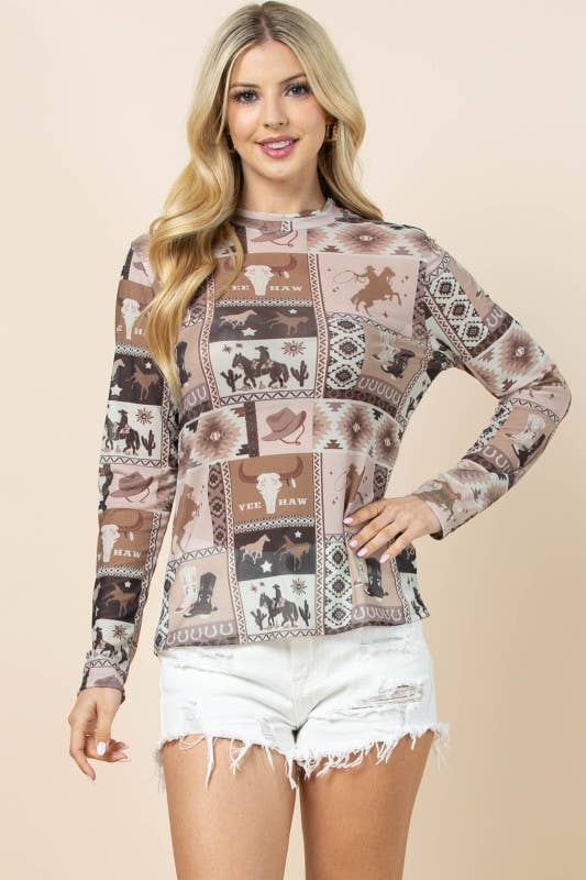 Khaki AV1230-AMY WESTERN PRINT SEMI SHEER LONG SLEEVE MESH TOP for wholesale on Faire3