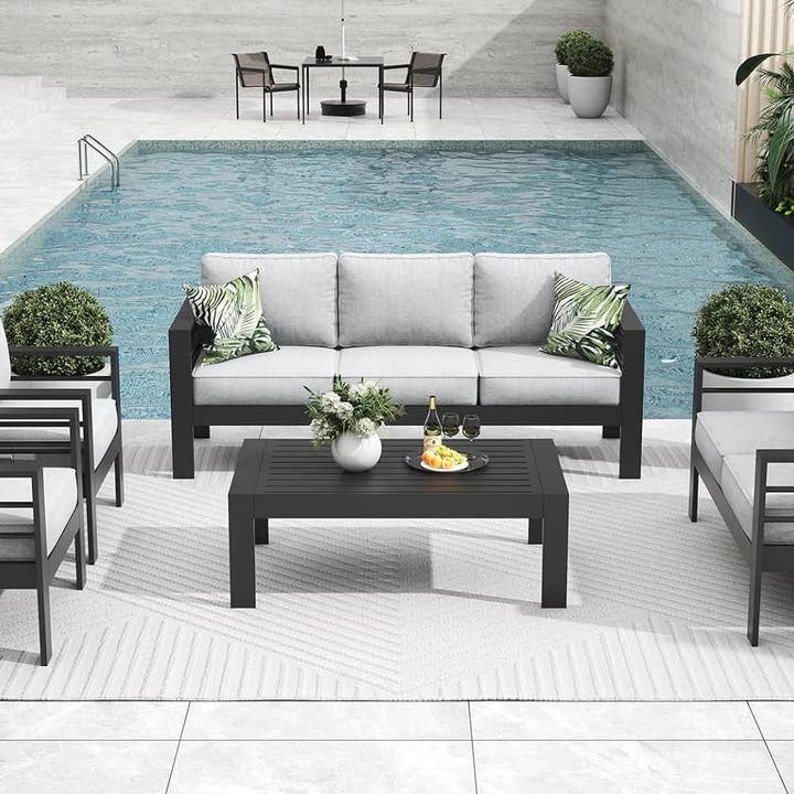 Black 5 Pieces Modern Aluminum Patio Furniture Set, Outdoor Conversation Sets Metal Sectional Sofa with Coffee Table for wholesale on Faire