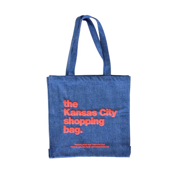 The Kansas City Shopping Bag 3 Sided Tote - Denim with Red for wholesale by Carly Rae Studio