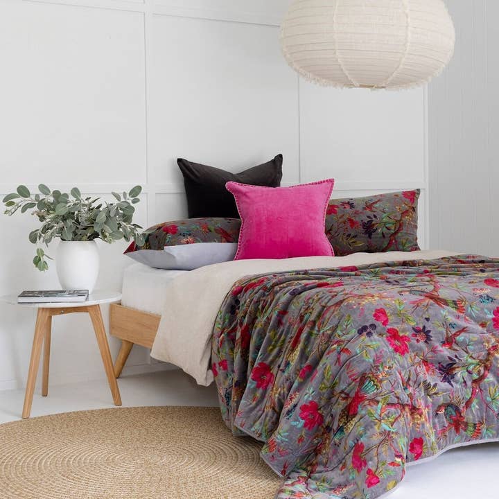 Velvet Floral Kantha Quilt - Bird Paradise Grey for wholesale by Glamthread