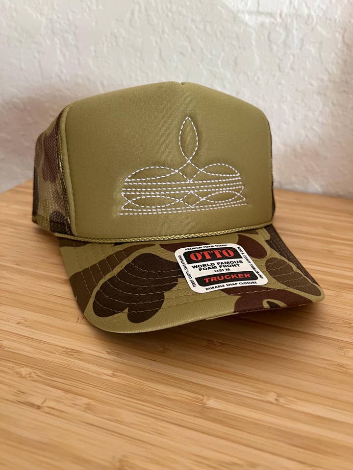 Boot Stitch Embroidered Foam Trucker Hat for wholesale by Set Apart Hat Co.