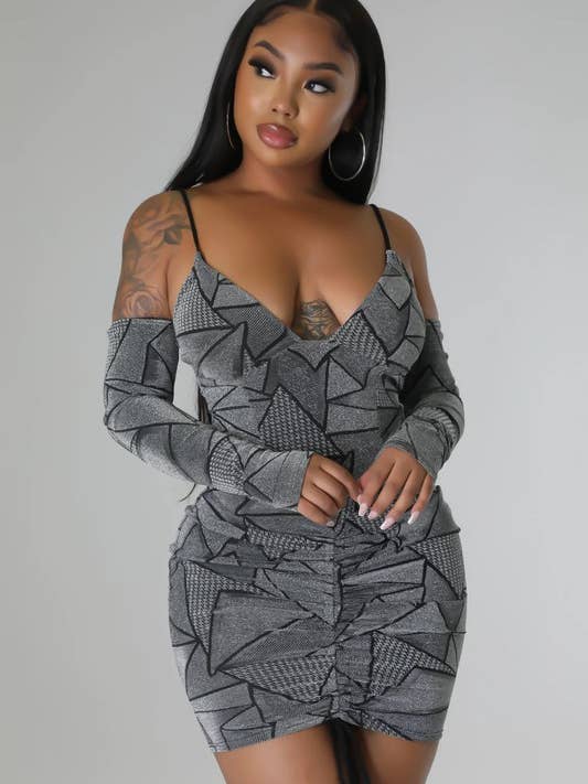 Silver Metallic V Neck Arm Sleeve Bodycon Dress. for wholesale by 5besties inc