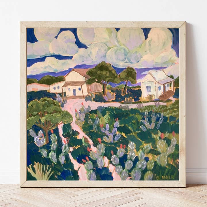 Texas Hill Country Cactus Cottage Farm Print for wholesale by El Baker Art
