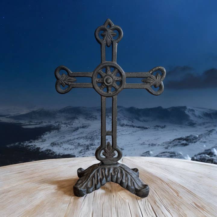 Wilco Home - Wholesale Wall Cross - Cast Iron Filigree Table Cross on Rectangular Pedestal Base