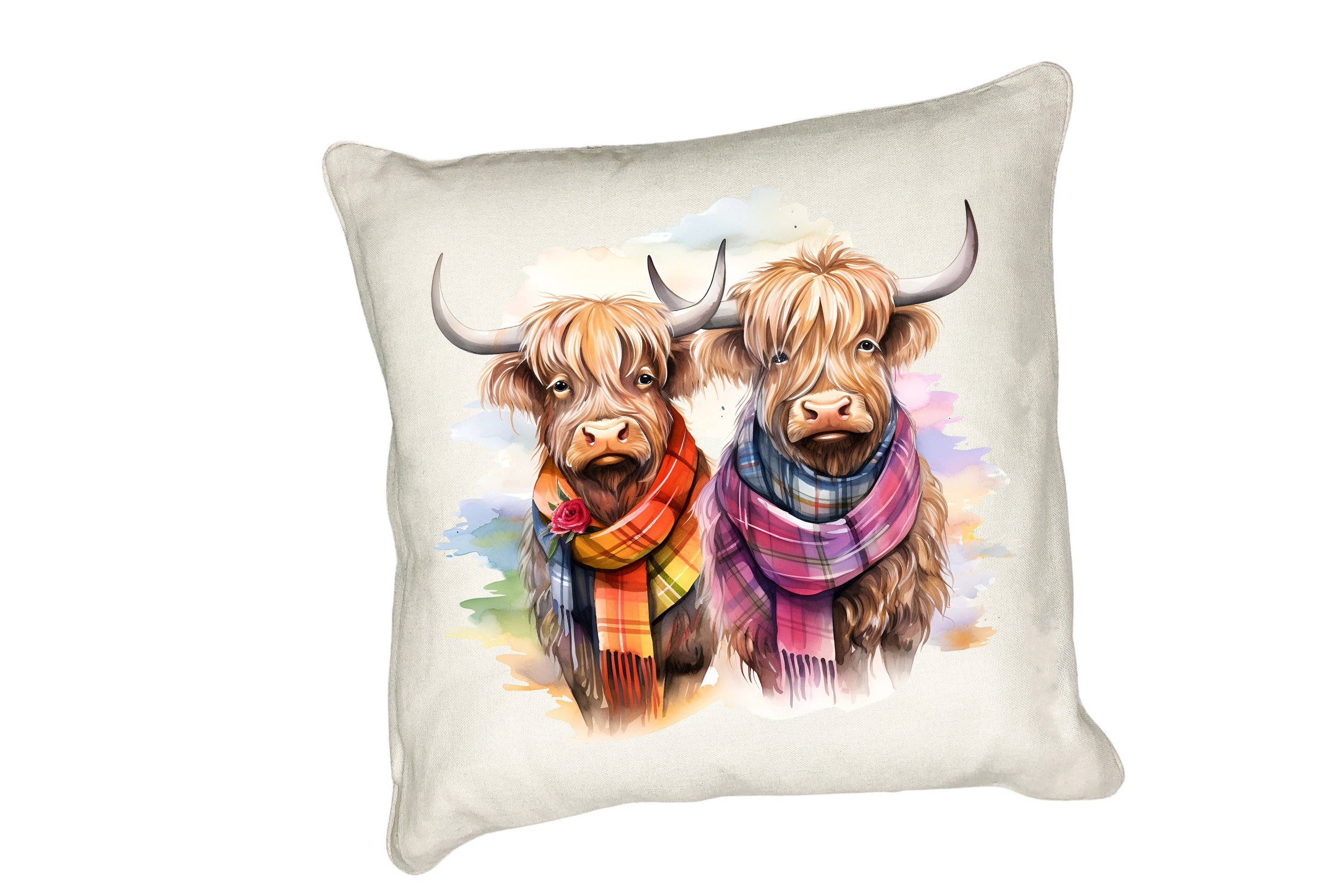 Noble & Page – wholesale Dekorativ kudde – Kudde med Highlandko, akvarell och rutiga halsdukar, design #41