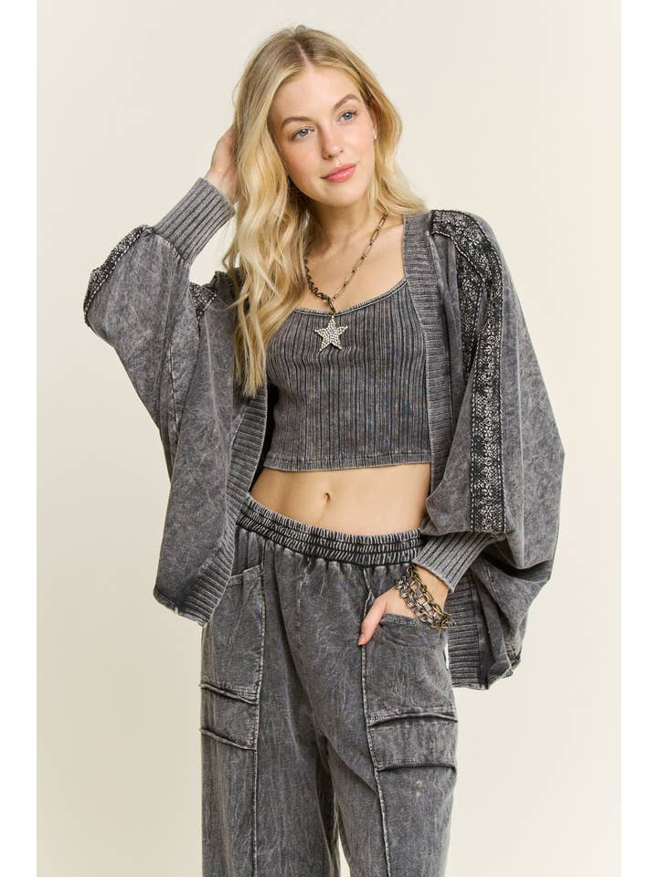 J.Her - Wholesale Cardigan - Women's - MineralWashed Lace trim Batwing Dolman cardigan HT669711