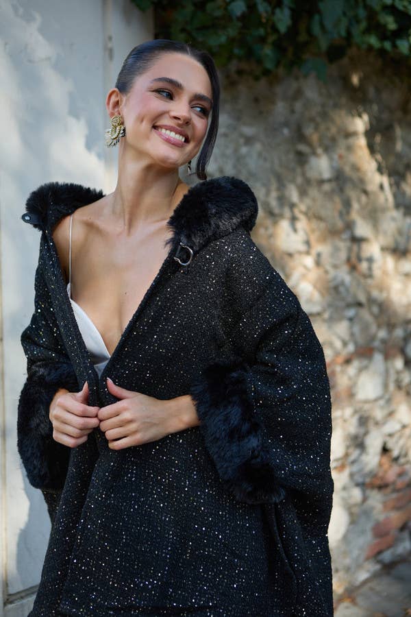 SAACHI - Wholesale Kimono - Women's - Sequin Kimono Faux Fur Jacket3