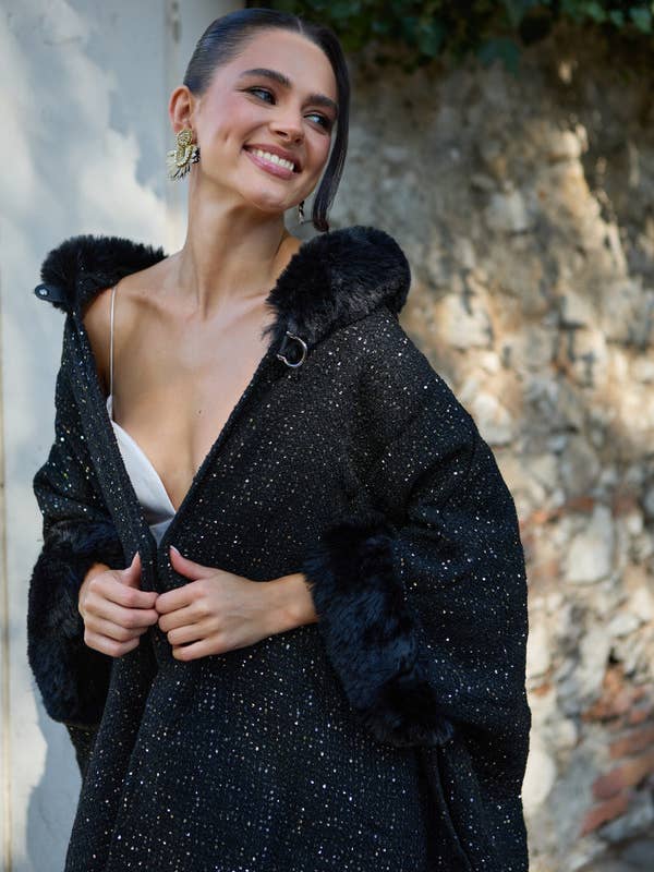 SAACHI - Wholesale Kimono - Women's - Sequin Kimono Faux Fur Jacket3