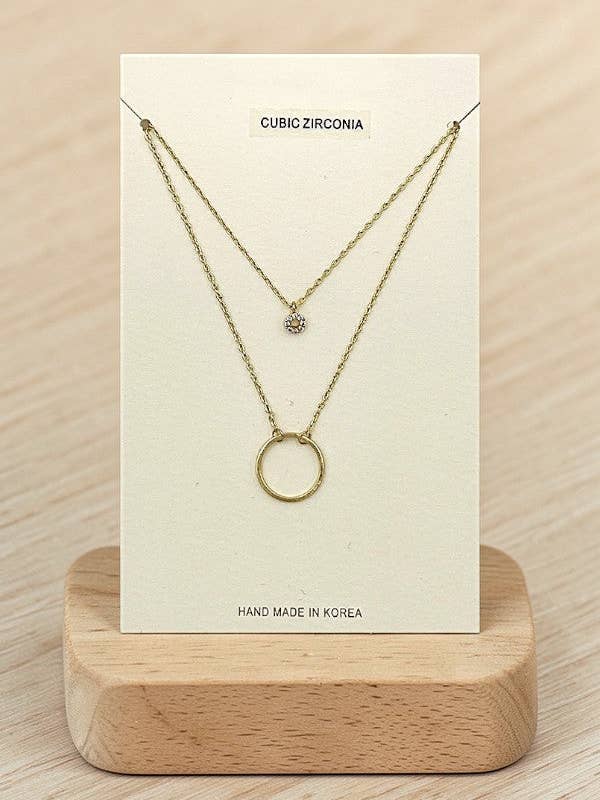 CZ STONE AND RING PENDANT LAYERED NECKLACE for wholesale by LA Bijoux