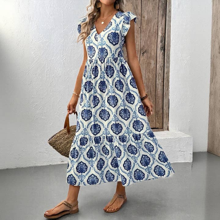 Blue Loose-Fit Deep V-Neck Floral Print Maxi Dress for wholesale on Faire