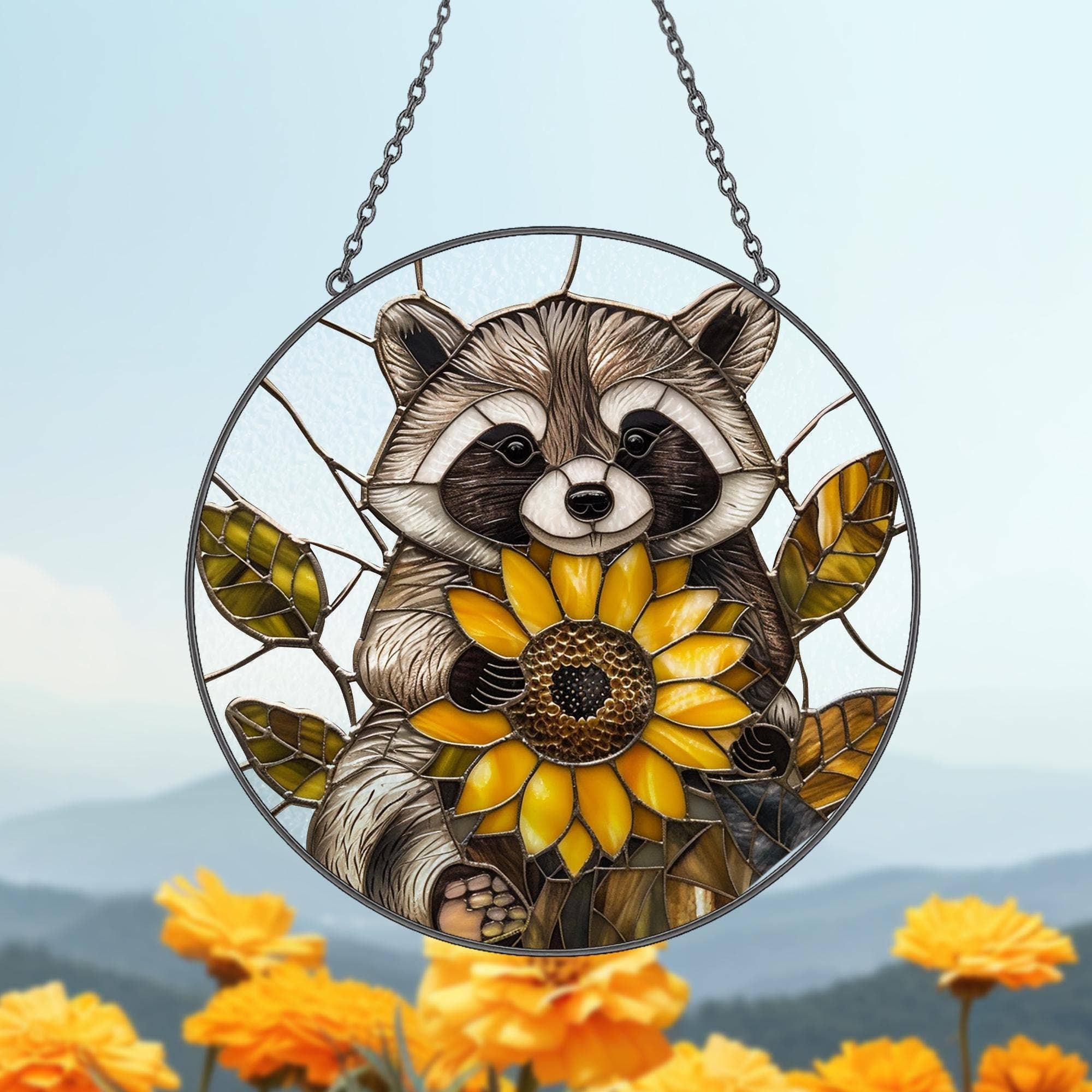 Wholesale Raccoon Sunflower Stained Glass Suncatcher, Forest Gift