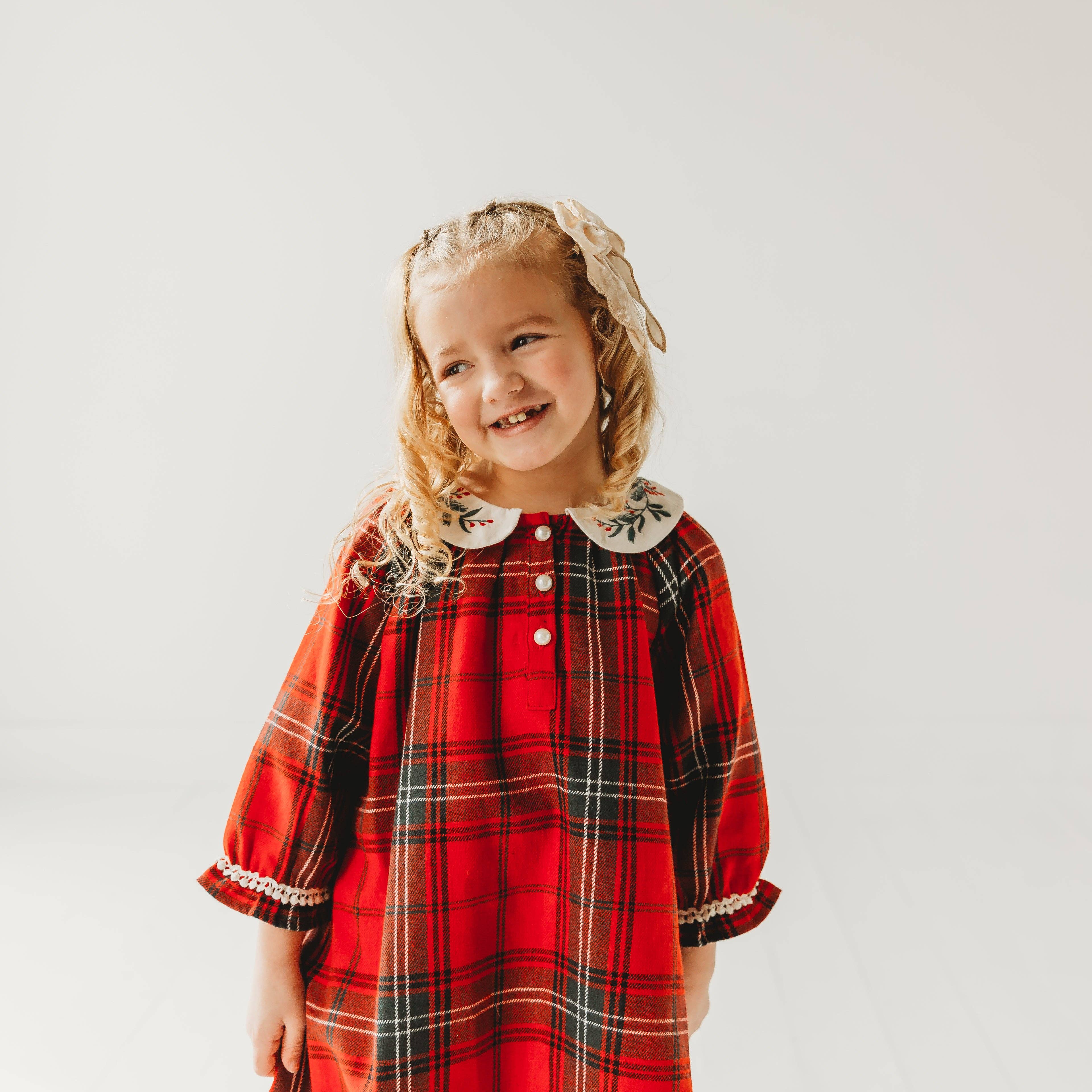 Red Plaid Girl's Christmas Dress Embroidery for wholesale on Faire2