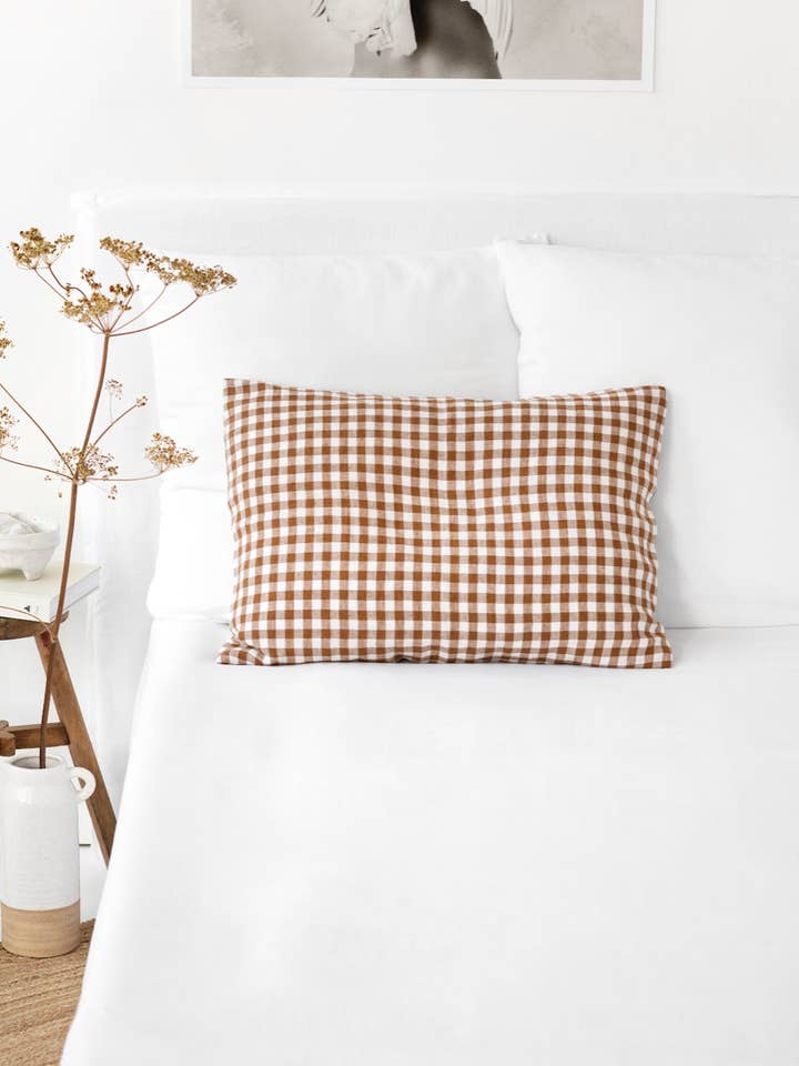Cinnamon gingham linen pillowcase for wholesale by MagicLinen (We handle U.S. import procedures for you)