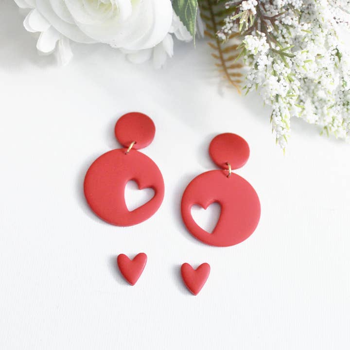 Red Heart SET, Friendship Earrings, Galentine Gift, Clay for wholesale by Studio Niani