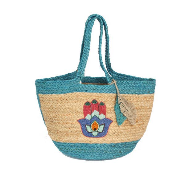 Ladies Naturals Two Tone Jute HAMSA Handbag for wholesale by Nima Accessories Inc