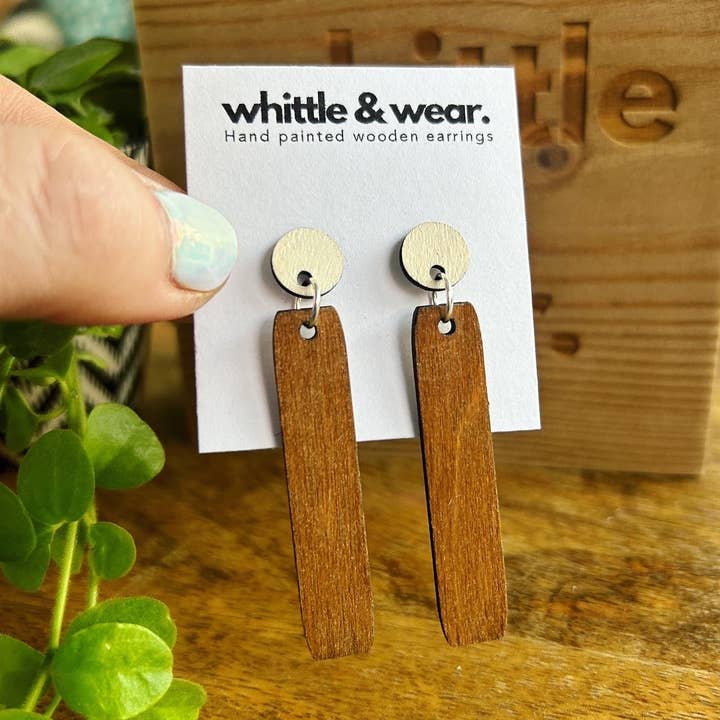 Hand painted wooden dangles. Straight for wholesale by Whittle and Wear