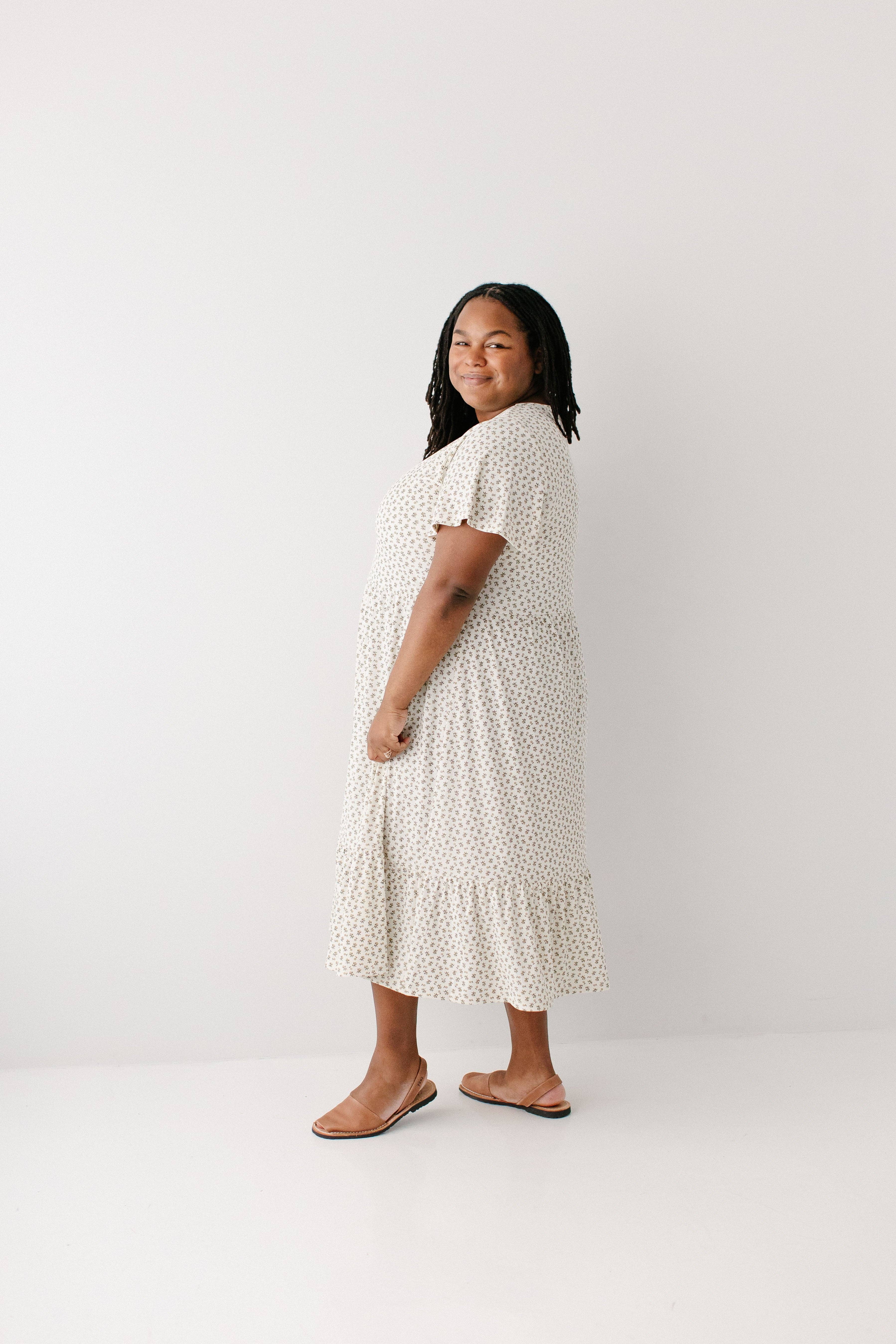 Ivory 'Shiloh' Ditsy Floral Ribbed Midi Dress for wholesale on Faire12