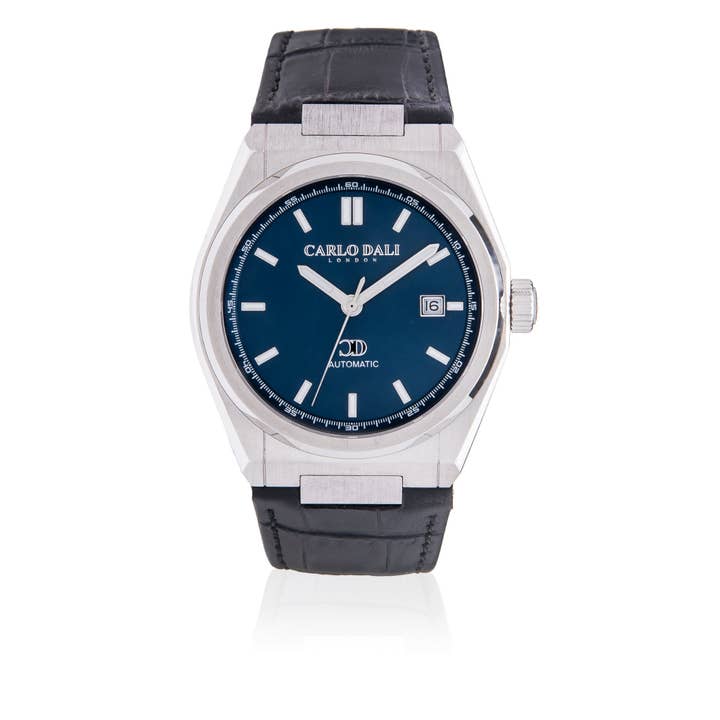 Carlo Dali - Wholesale Wrist Watch - Men's - "1888 Automatic" Black, Silver & Blue Leather Watch