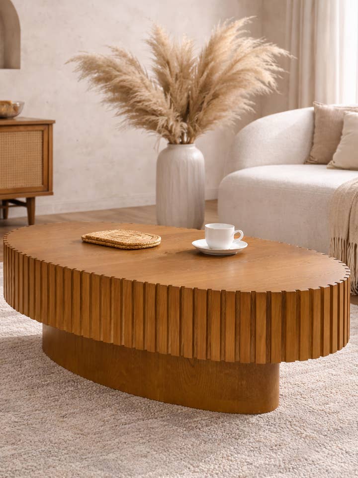 Pampas Wood™ Fluted Sculptural Coffee Table – Oval Ribbed for wholesale by Cwpco