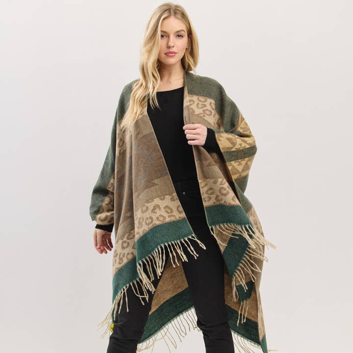 Hana – wholesale Kimono – Women's – Aztec Leopard Pattern Western Style Fringe Ruana5