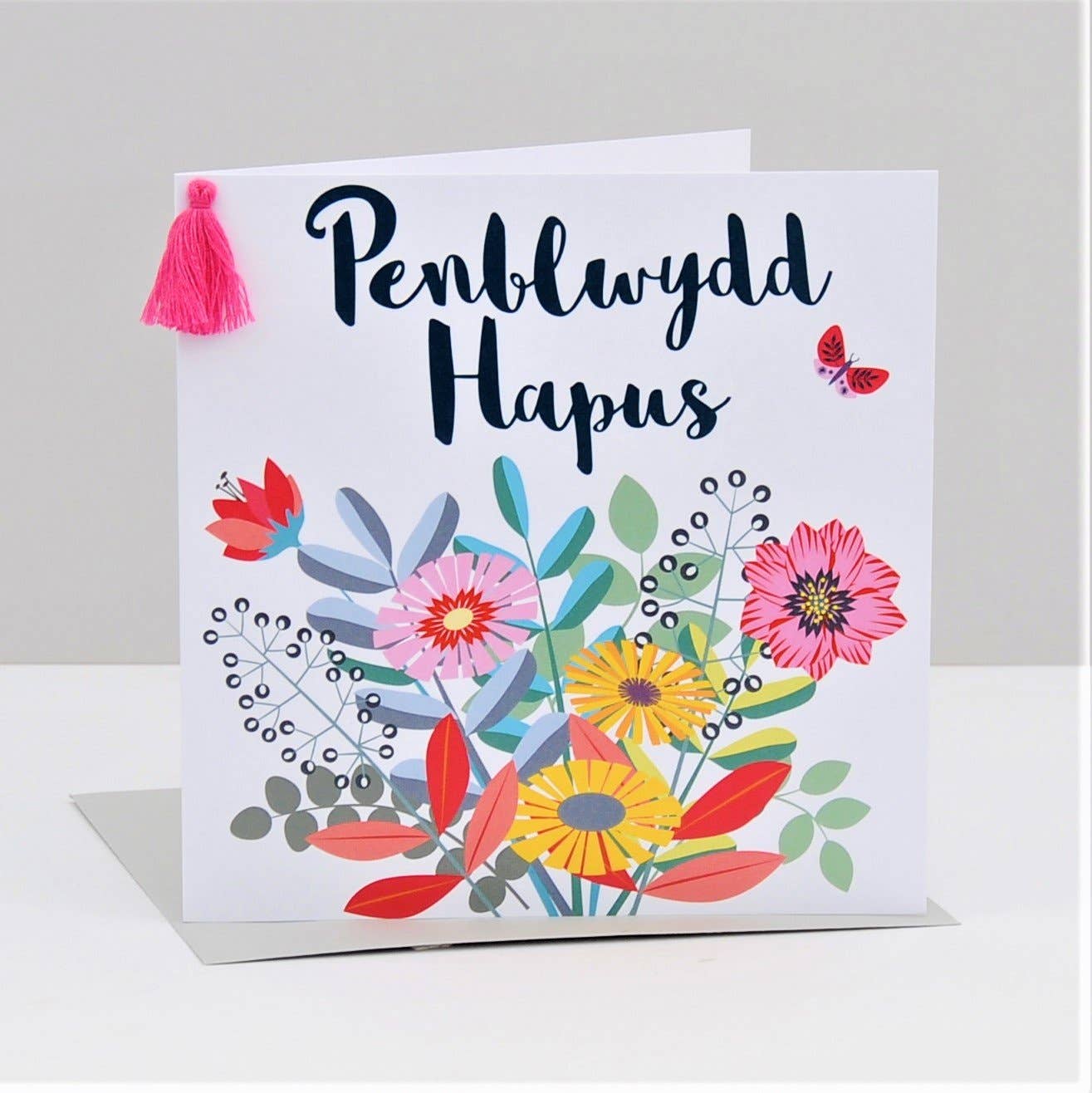 Claire Giles Ltd - Wholesale Birthday Card - Welsh Birthday Card, Penblwydd Hapus, Bouquet, Tassel Embellished2