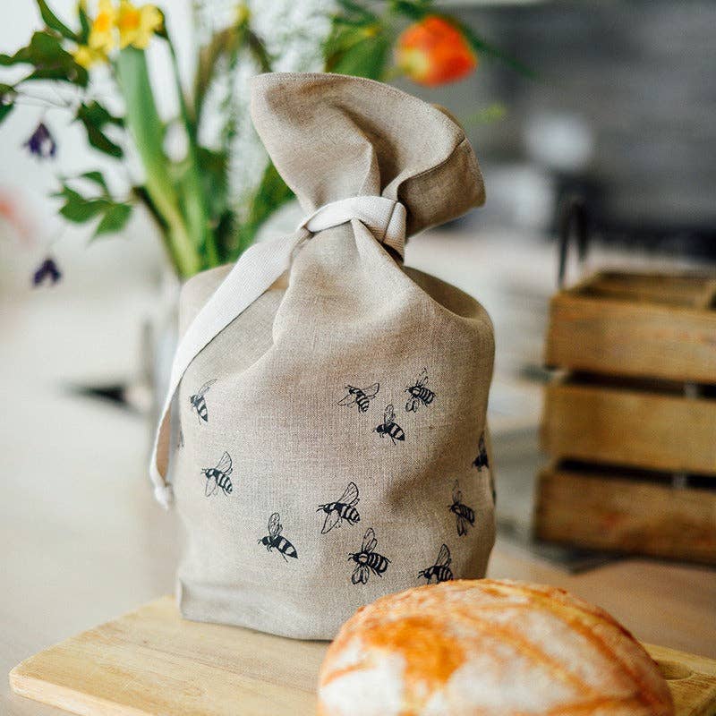 Helen Round - hand printed linen and bamboo wellness – wholesale Food storage wrap/bag – Linen Bread Bag Handprinted Bees, Linen Bread Storage Bag3