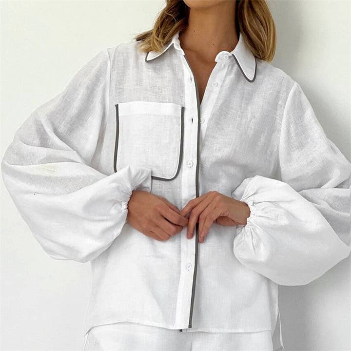 WHITE Loose Color Block Long Sleeve Shirt And Shorts Set for wholesale on Faire1