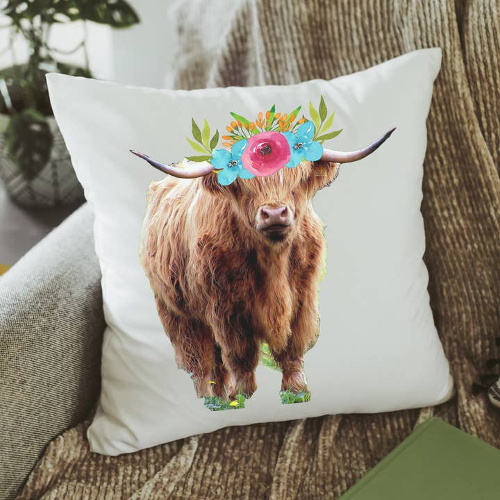Highland cow pillow cover for wholesale by Capable By Design