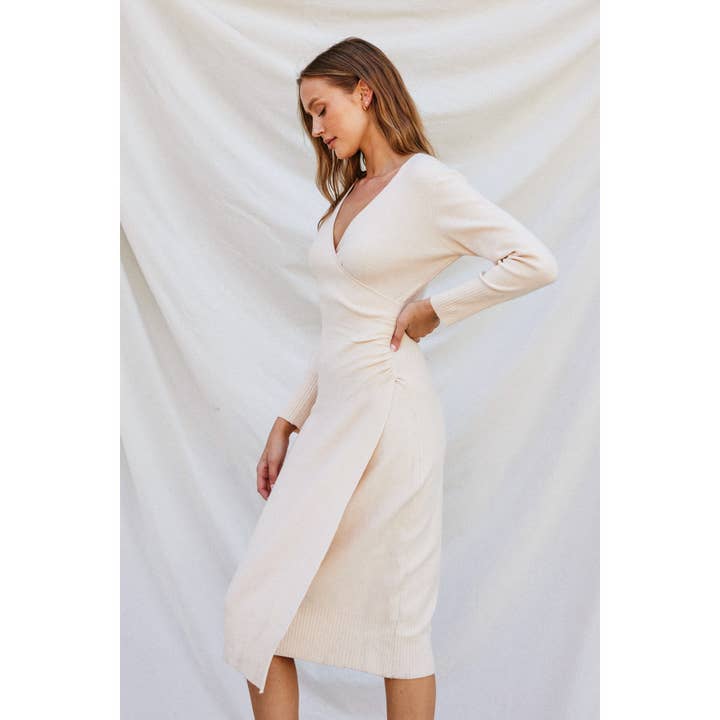 Dress Forum - Wholesale Knit Sweater - Women's - Surplice Ruched Side Midi Knit Dress3