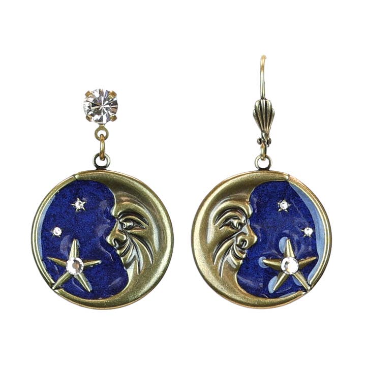 Blue Man in the Moon and Stars Crystal Charm Earrings for wholesale by Anne Koplik Designs, Inc.
