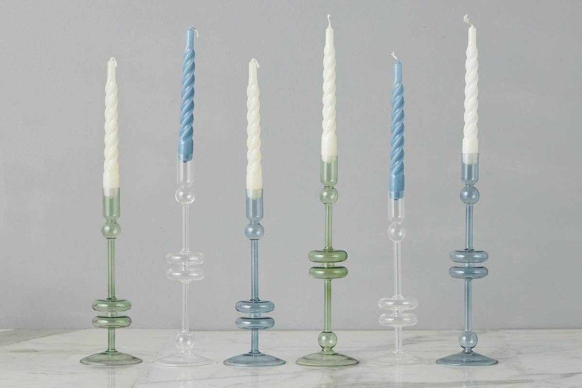 etúHOME - Vendita all'ingrosso Portacandele - Coppia di candelabri in vetro, medi, salvia2