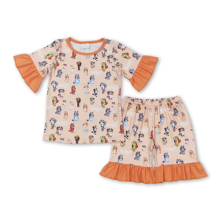 Short sleeves ruffle dog kids girls pajamas for wholesale by Yawoo Garments