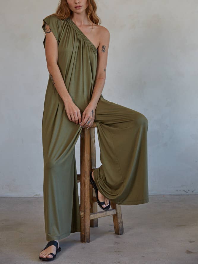 RJ3158 | One Shoulder Short Sleeve Wide Leg Jumpsuit for wholesale by By Together