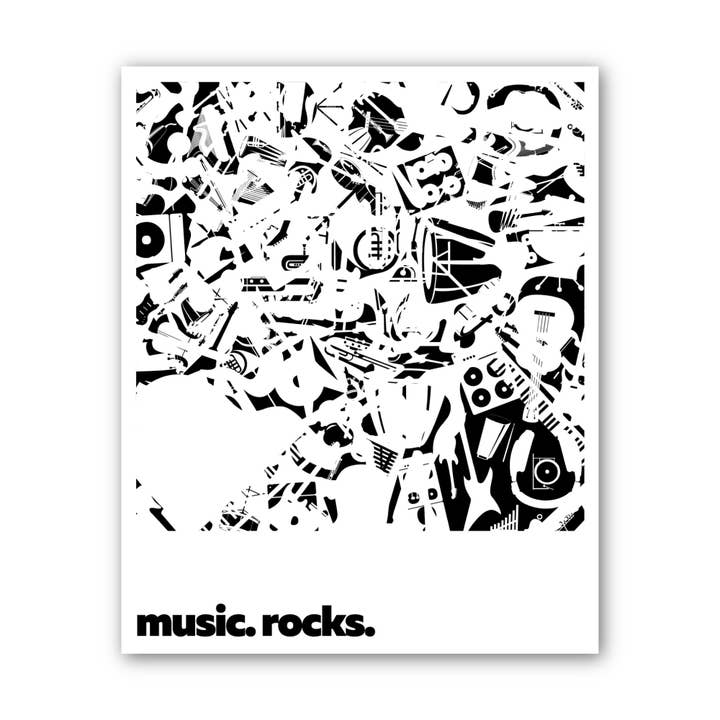 "music.rocks." Instruments music sticker 3" Vinyl for wholesale by Angi Bock Robertson Art