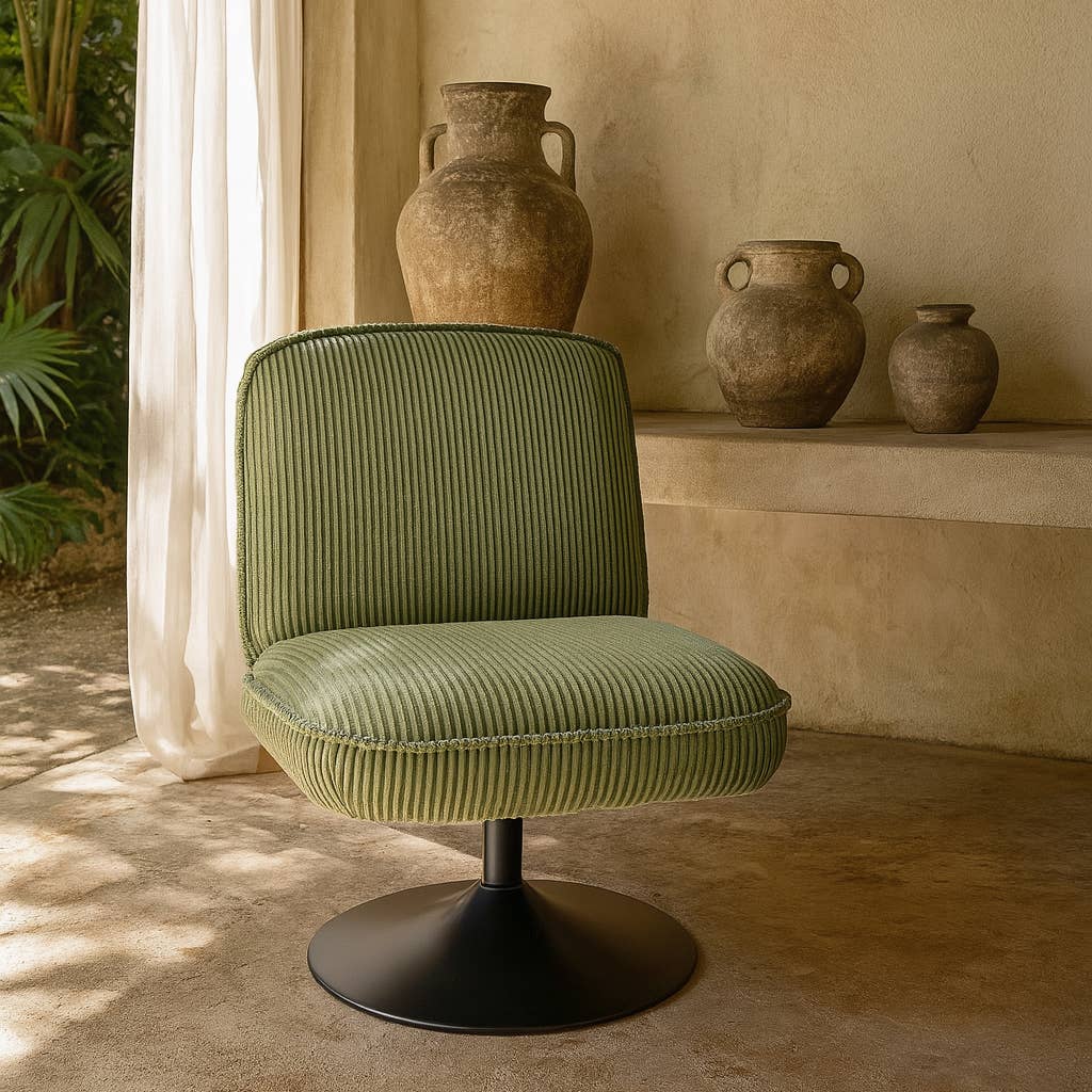 Now's Home - Wholesale Chair - GREEN CORDUROY SWIVEL CHAIR WITH FUNKY METAL BASE2