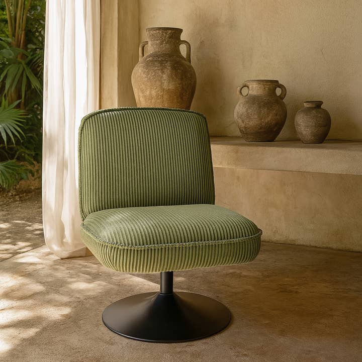 Now's Home - Wholesale Chair - GREEN CORDUROY SWIVEL CHAIR WITH FUNKY METAL BASE2