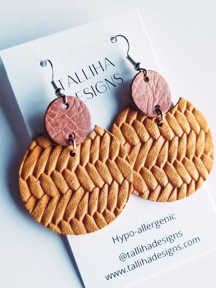 Braided Mustard Genuine Leather Maggie Earrings for wholesale by Talliha Designs
