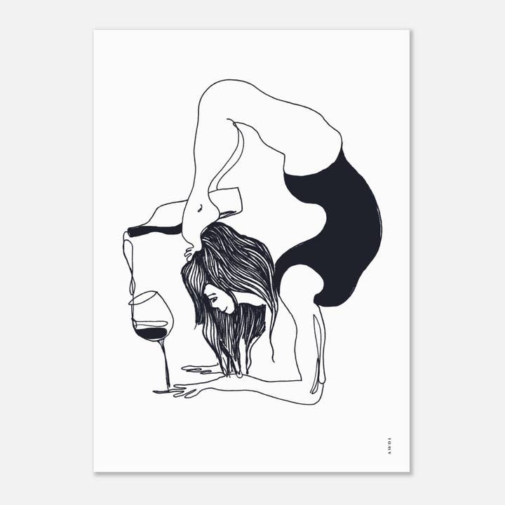 Yoga Balance Pose With Wine: Modern Monochrome Lessons From India, Aluminum Art Print for wholesale by Creations Awol