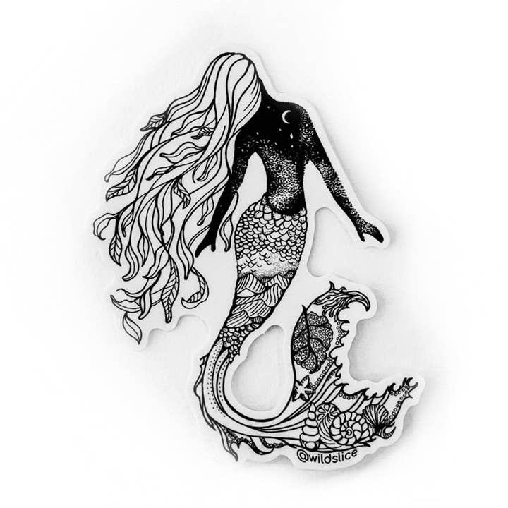 Mermaid 4” sticker B&W or Colorized for wholesale by Wild Slice Designs