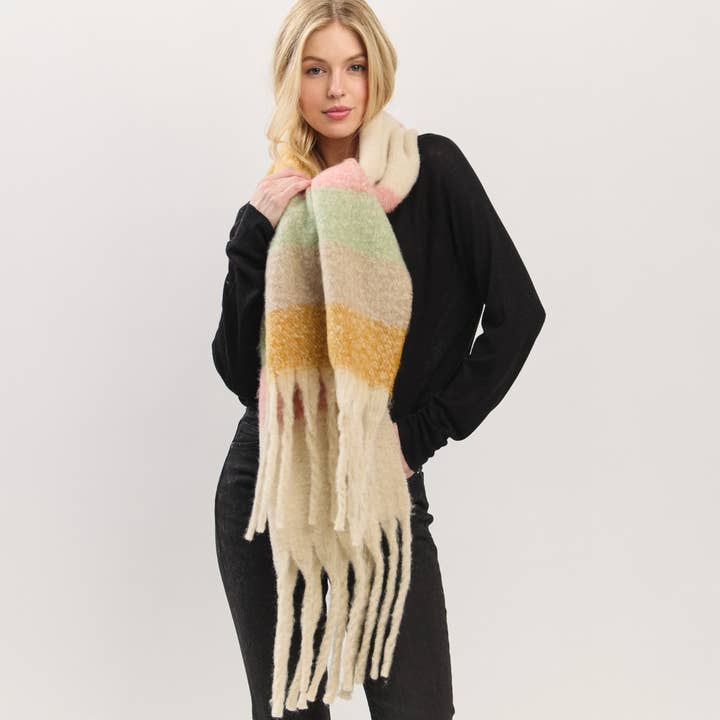 Hana - Wholesale Scarf - Women's - Multi Color Striped Brushed Fringed Winter Scarf18