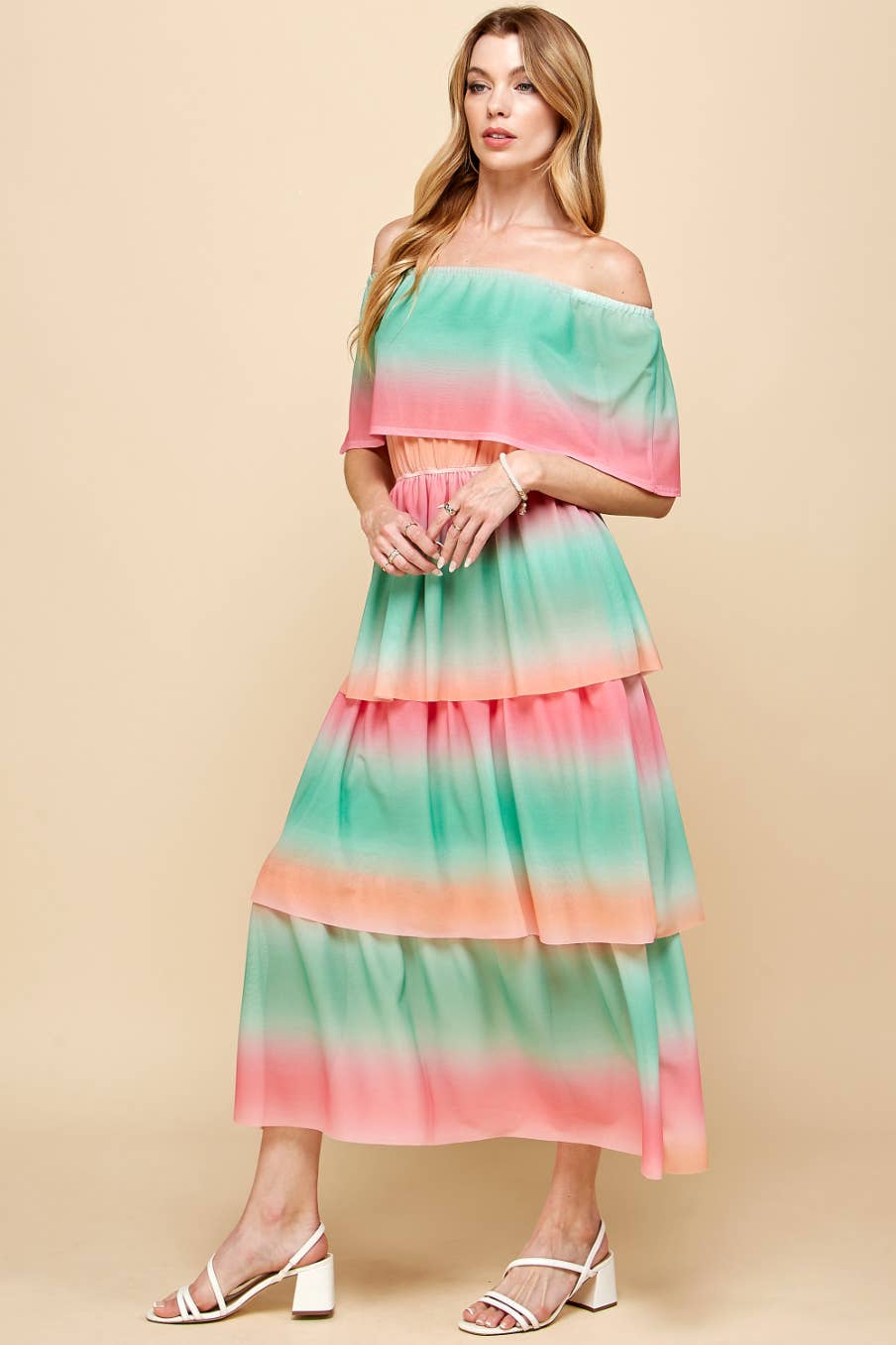 Vert/Flamant rose ISD1211B Robe arc-en-ciel à épaules dénudées vert rose en vente sur Faire8