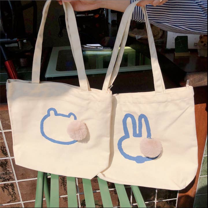 Extra Large White Cat Rabbit Canvas Bag with Plush Balls for wholesale by GYstudios