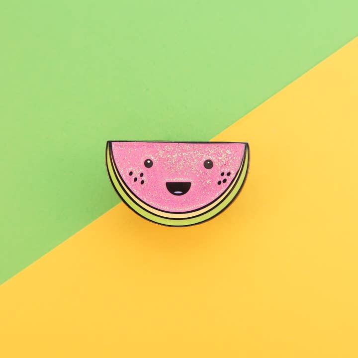 Cute Watermelon Character Hard Enamel Pin for wholesale by Bird House Press